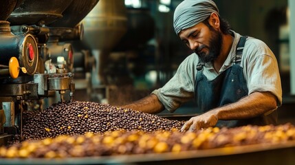 Confident coffee roaster man is checking preparation process, Male worker is working in coffee roasting shop and checking coffee quality, Coffee roasting machine and brown coffee beans.