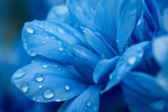 An intricate close-up view of vibrant blue petals adorned with fresh water droplets, highlighting their natural beauty.