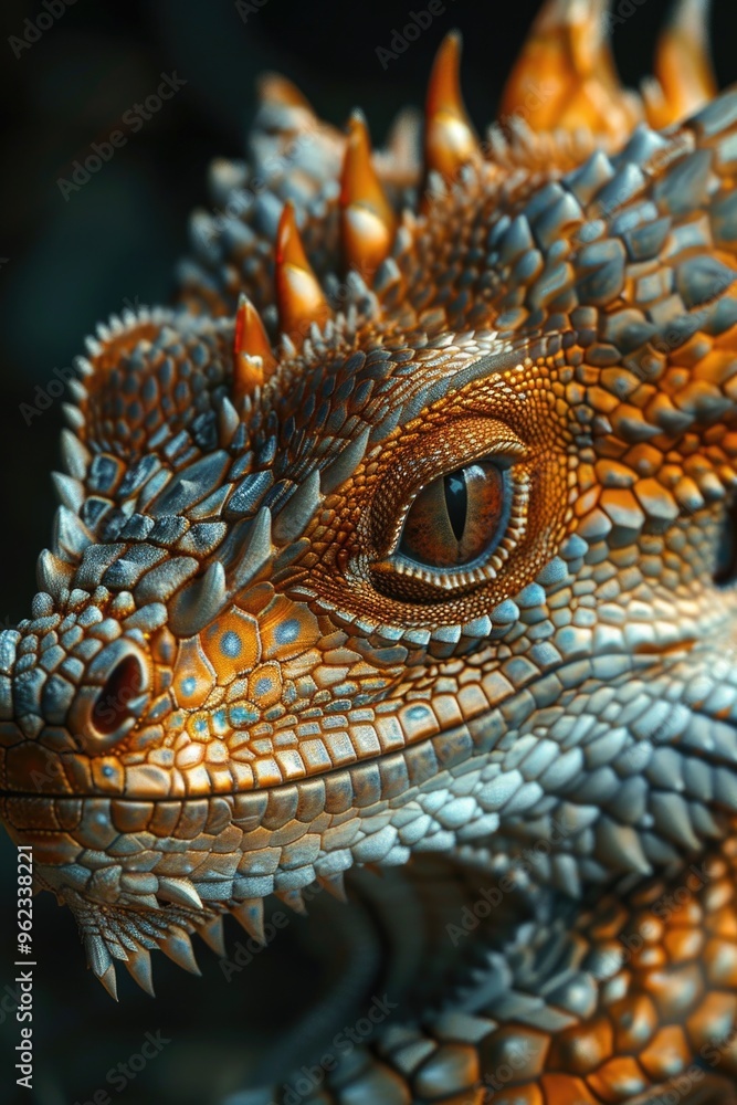 Poster A close-up view of a lizard's head featuring sharp, pointed spikes
