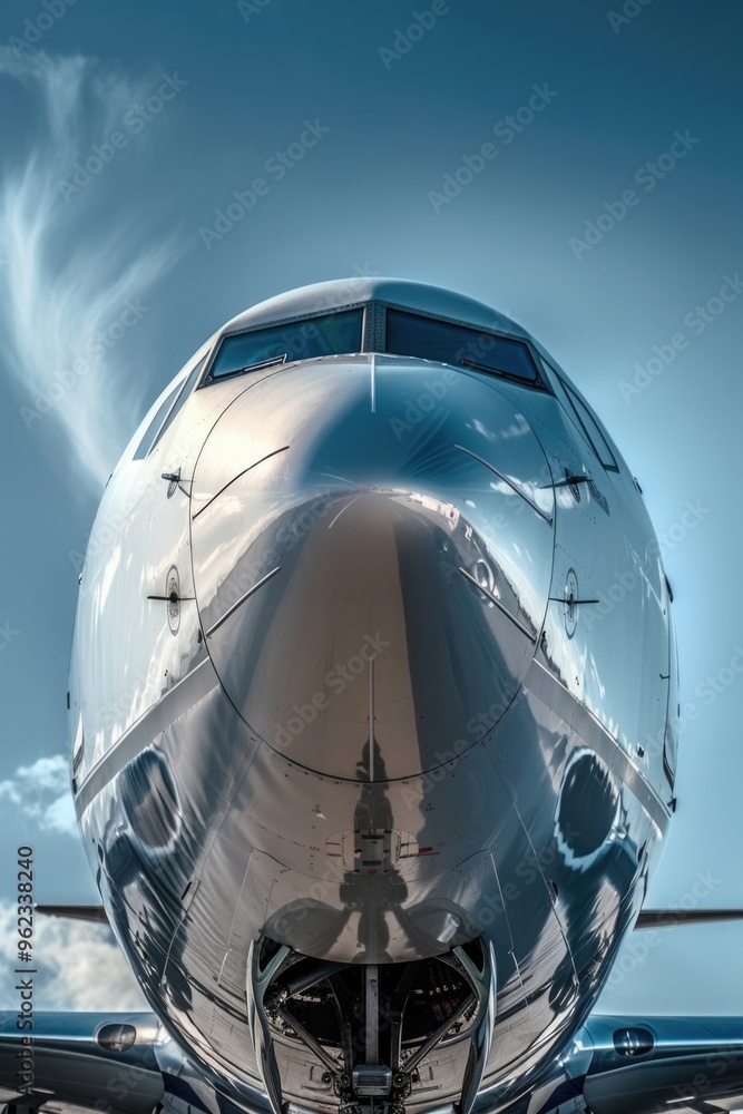 Poster close-up view of an airplane's nose section