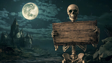 a skeleton holding an empty wooden sign with a castle background