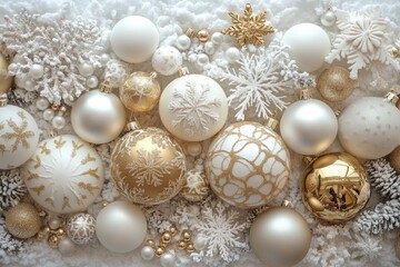 elegant holiday decor, beautiful white and gold ornaments create a festive winter wallpaper, adding joy and cheer to your screen