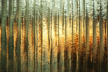 A view of dense forest through a glass window with trees and underbrush visible