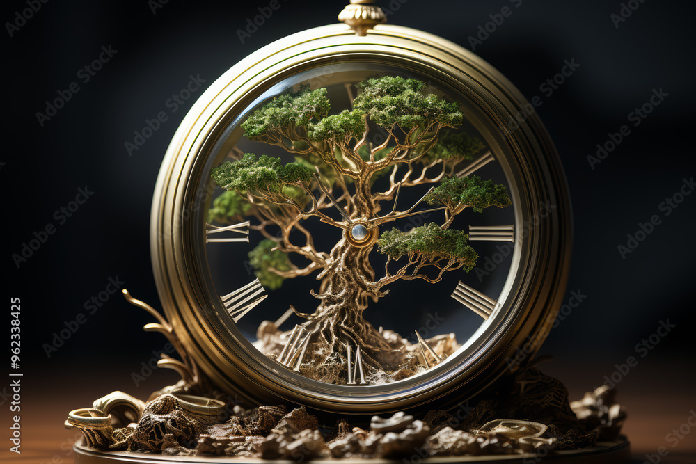 Poster a tree with roots entangled in a clock. concept of time and nature intertwined. generative ai.