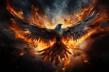 A phoenix rising from ashes. Concept of rebirth and renewal. Generative Ai.