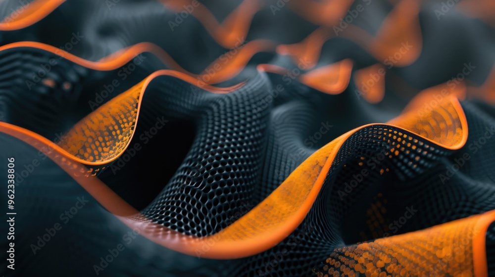 Poster a detailed shot of a black and orange fabric, with textures and patterns visible