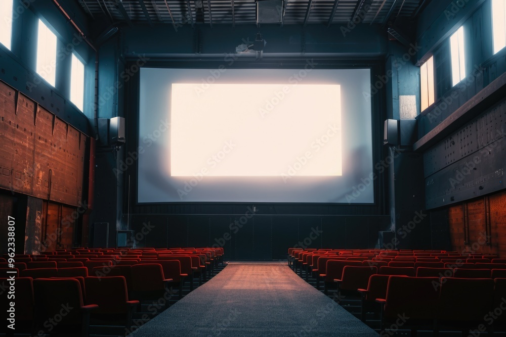 Poster a quiet auditorium with rows of red chairs, perfect for a presentation or performance