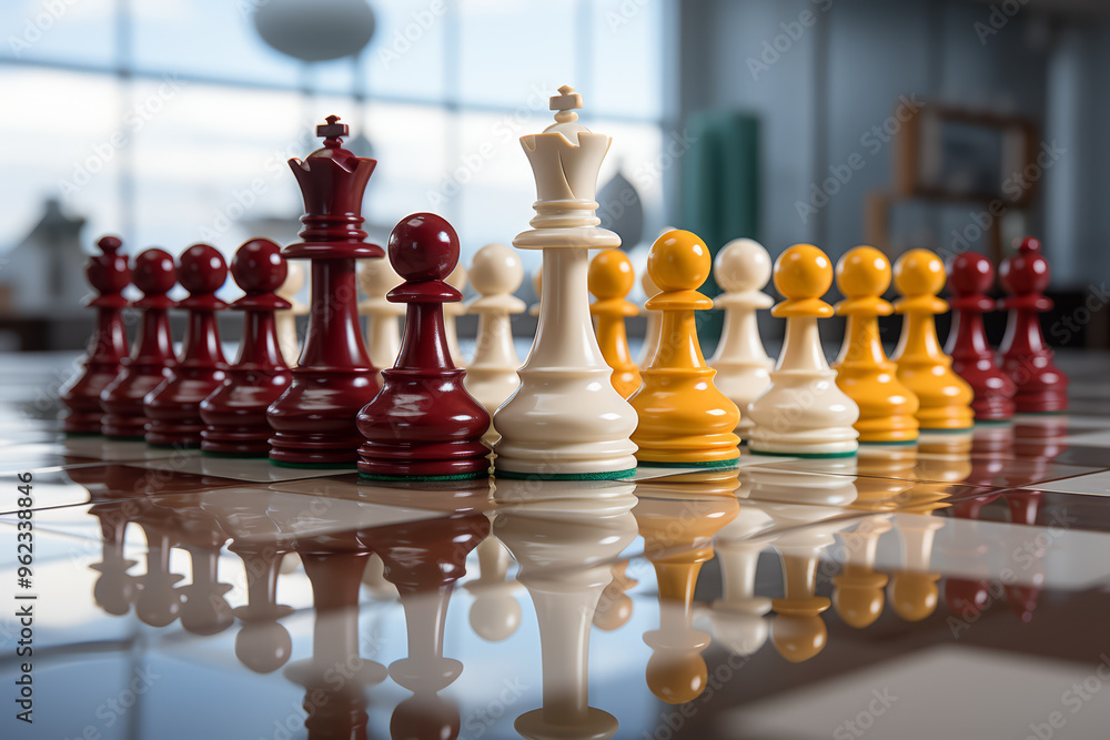 Poster a chessboard with pieces of diverse sizes and shapes. concept of diversity and strategy. generative 
