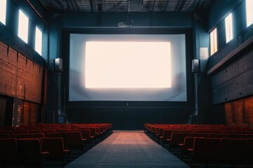 A quiet auditorium with rows of red chairs, perfect for a presentation or performance