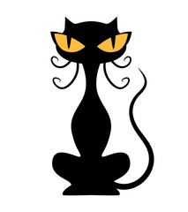 Black cat with yellow eyes. Vector clipart isolated on white background.