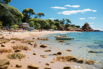A group of people enjoying a beach day. Concept of relaxation and nature. Generative Ai.