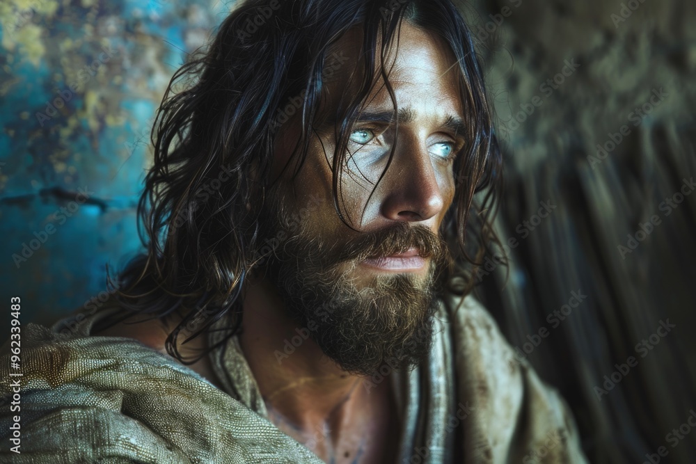 Poster portrait of a person with long hair and beard, suitable for editorial or artistic use