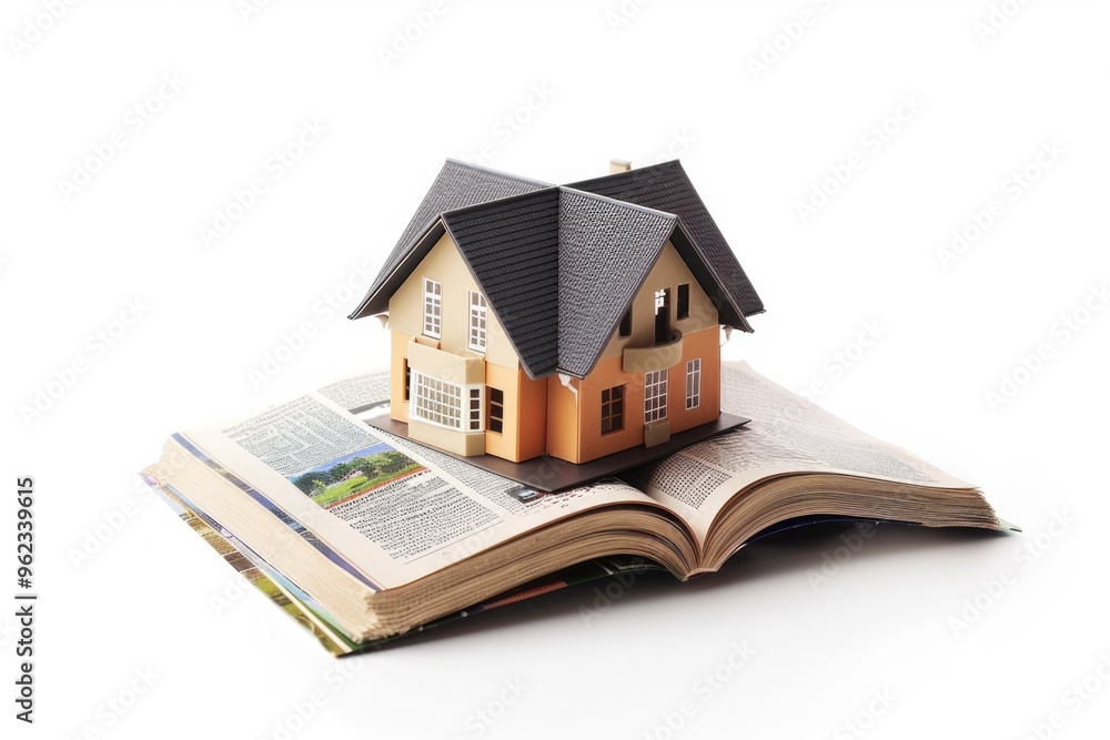 Poster a miniature house sits on the cover of an open book, surrounded by empty pages