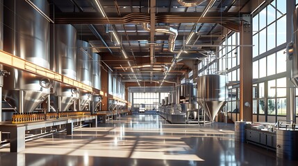 Expansive brewery with large fermentation tanks, automated bottling lines, and quality testing labs, highlighting beverage production. 32k, full ultra hd, high resolution