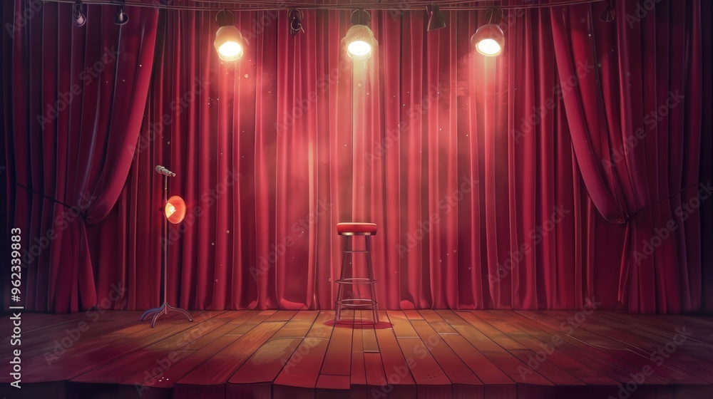 Aufkleber a stage with a red curtain and a chair, suitable for theater or performance background