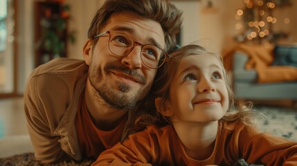 Fototapeta premium A man and a young girl are lying down together on a floor, possibly in a moment of playfulness or comfort
