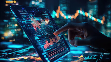 Businesswoman analyzing financial data on futuristic holographic interface