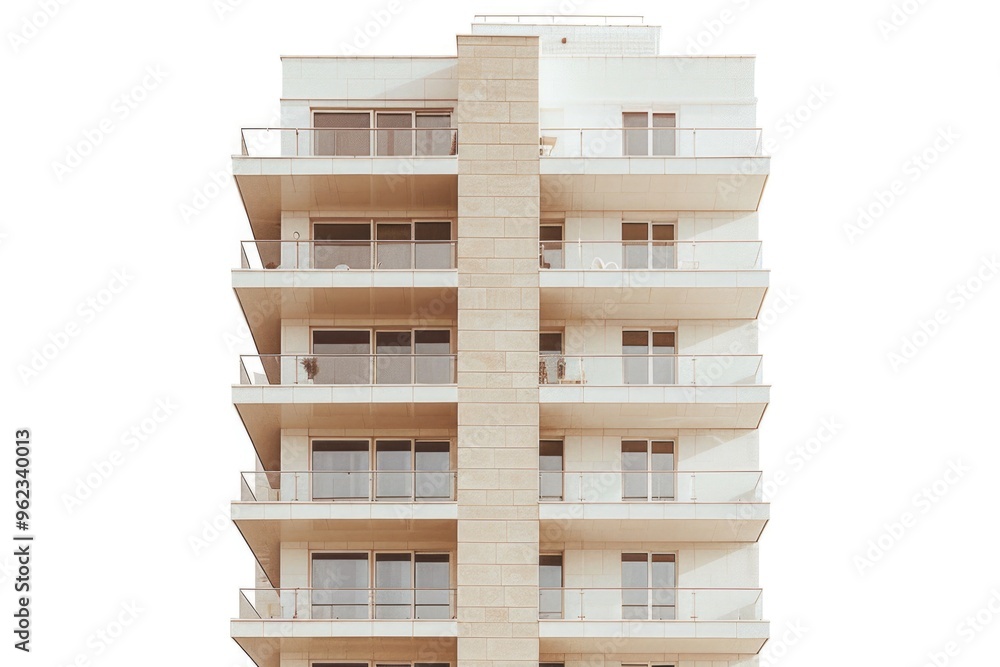 Poster tall beige building with multiple balconies, perfect for architecture or real estate projects