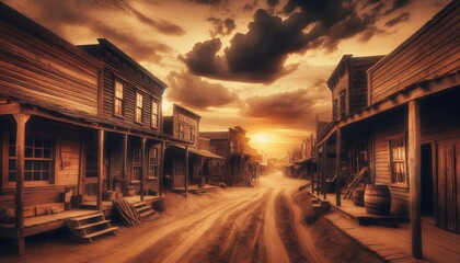 Obraz premium Classic wild west town with vintage buildings, deserted streets, and a warm sunset casting long shadows, creating a timeless scene reminiscent of historic American frontier settlements.