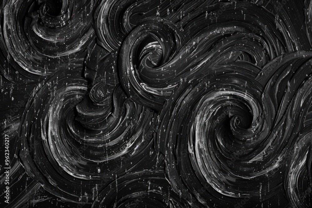Poster a black and white image of swirling paint patterns