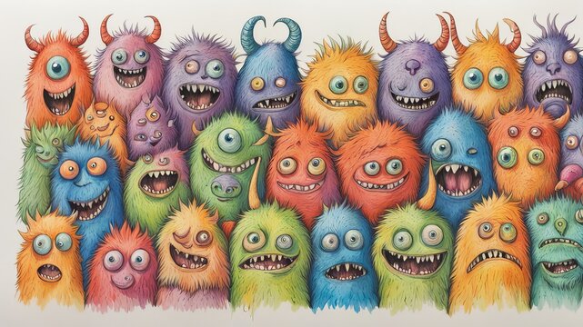 Monstrinhos infantis, diversas caras sobre fundo branco.