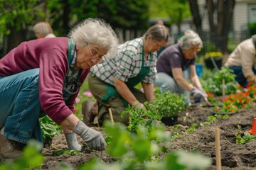Fototapeta premium Group of senior ladies tending to a garden, likely a community or volunteer effort