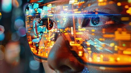 Woman wearing futuristic glasses is analyzing financial data projected on the lenses, while standing in a cyberpunk city - Powered by Adobe