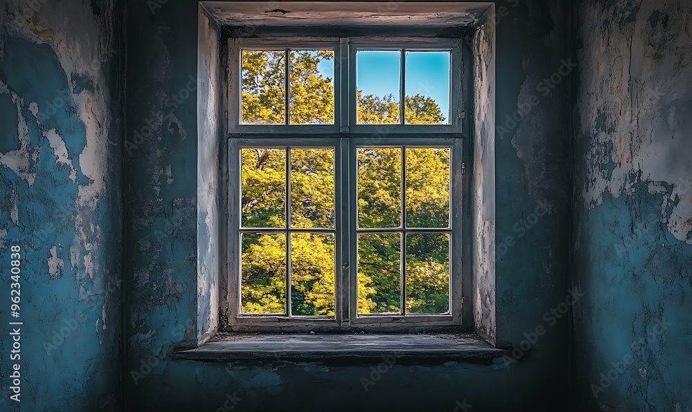 Poster a window view of autumn foliage through a weathered window frame