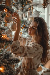 Fototapeta premium Woman decorating Christmas tree with ornaments and lights