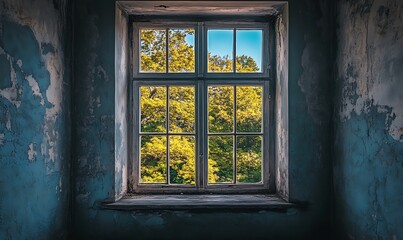 Fototapeta premium A Window View of Autumn Foliage Through a Weathered Window Frame