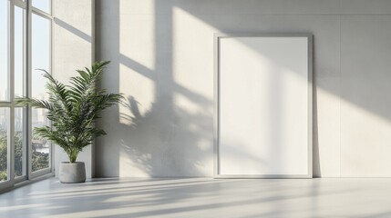 Obraz premium Mockup of a sleek frame leaning against a wall in a brightly lit room with large windows