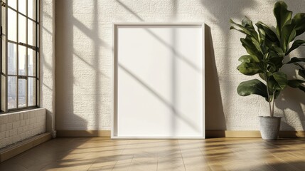 Fototapeta premium 3d mockup of a blank white frame on a wooden floor in a room filled with soft natural light