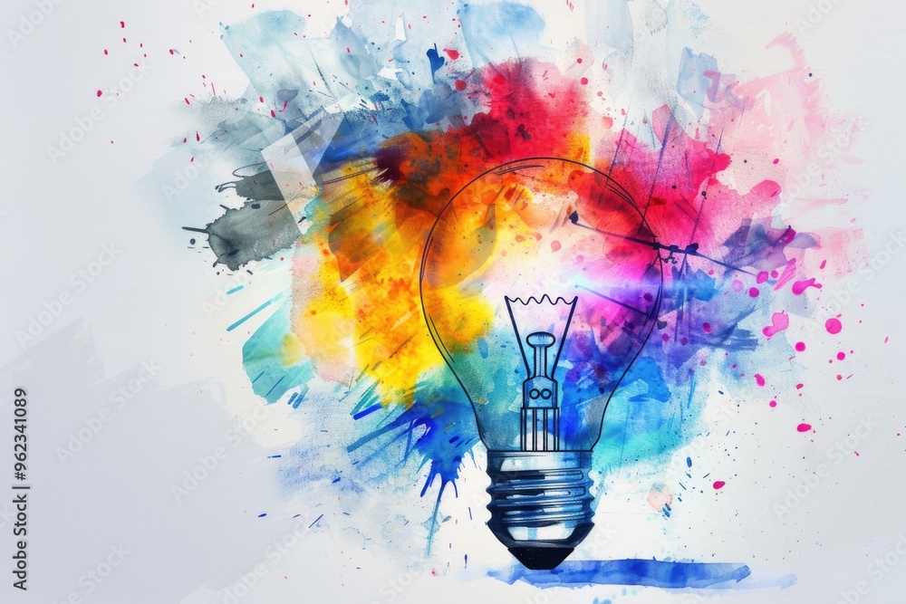 Poster a creative lighting fixture with a burst of colorful paint, great for artistic or design concepts