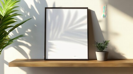 Mockup of a blank frame placed on a wooden shelf in a room with soft natural lighting