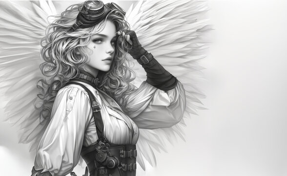 Portrait en noir et blanc femme pilote aux ailes ang&eacute;liques, style steampunk avec des d&eacute;tails minutieux et un look vintage - goggles, mitaines et serre-taille en cuir 