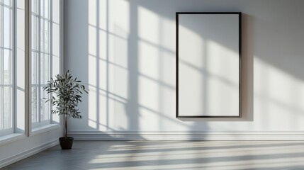 3d mockup of a modern frame in a brightly lit room with large windows casting soft shadows