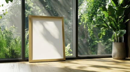 Frame mockup leaning against a wall in a room filled with nature light from large windows