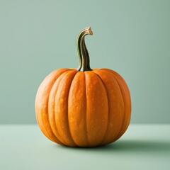 A vibrant pumpkin sits gracefully on a light green backdrop, showcasing its rich textures and intricate details with soft shadows highlighting its form