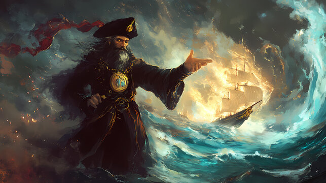 Digital painting of the sorcerer manipulates the sea map conjuring storms to deter enemy ships. Sorcerer. Illustration