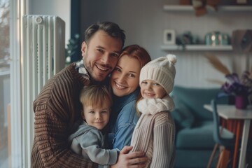 A family of three posing for a camera, smiling and happy