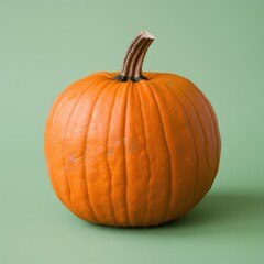 A stunning pumpkin sits elegantly against a light green backdrop, showcasing its beautiful texture and rich orange hue in soft natural light