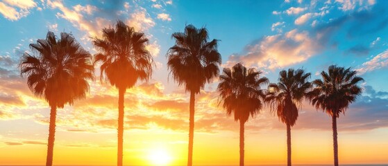 Silhouetted Palm Trees at Sunset Over the Ocean