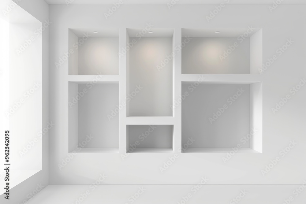 Poster a simple white room with a shelf and a window, ideal for interior design or minimalist themes