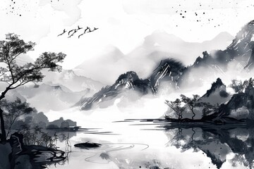 A serene black and white painting of a mountain lake, perfect for use in travel or nature-themed designs