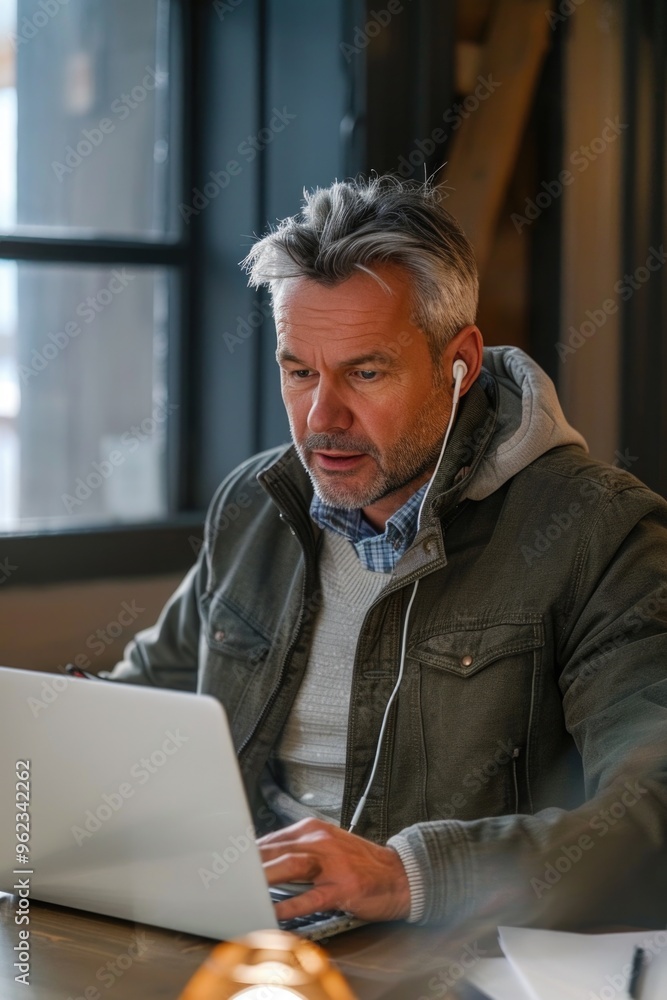 Poster a person using a laptop at a table, possibly working or studying