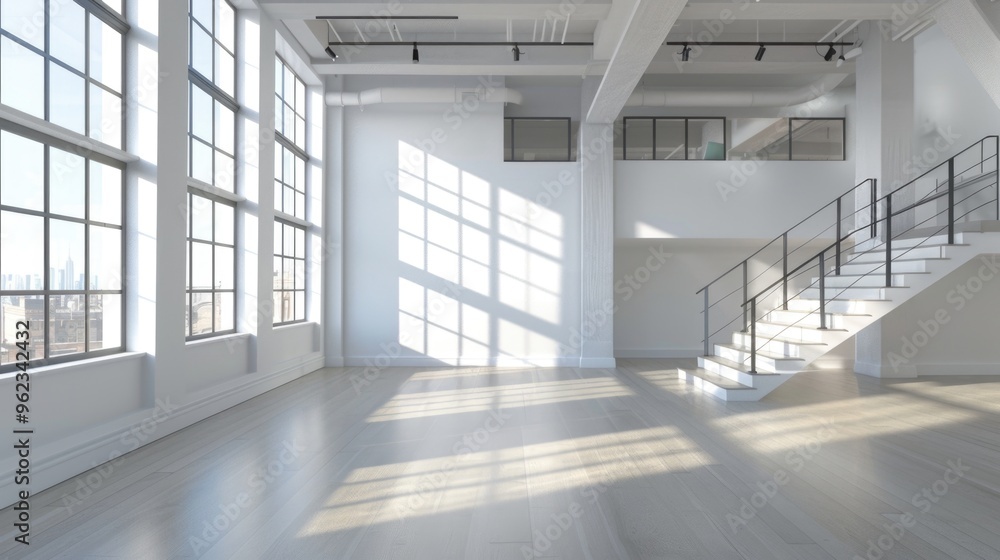 Poster A simple empty room with a staircase leading up and windows on either side