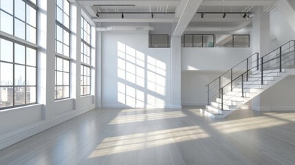 Obraz premium A simple empty room with a staircase leading up and windows on either side