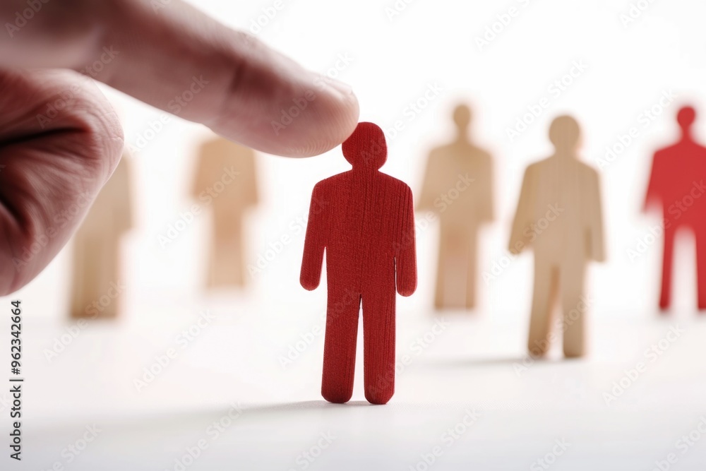 Poster a person holding a red paper man standing in front of a crowd, possibly at a public event or rally