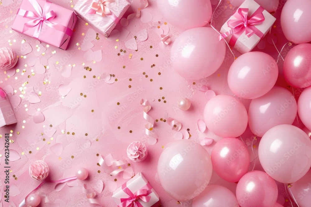 Aufkleber a colorful scene with pink balloons and presents against a bright pink background, perfect for addin