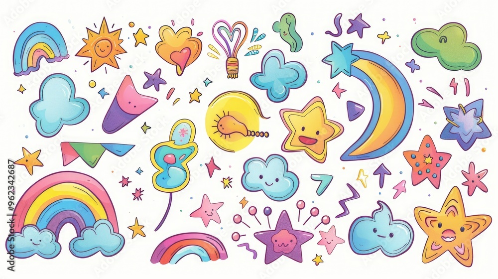 Aufkleber A collection of colorful stickers arranged on a white background, ideal for use in creative projects or as a design element
